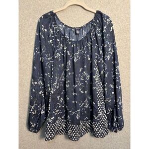Chaps Navy Floral Peasant Blouse Polka Dot Boho Cottagecore Top Large